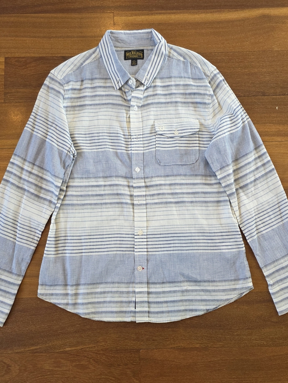 True Religion Shirt Mens Small Blue Stripe Linen Cotton Button Up Casual